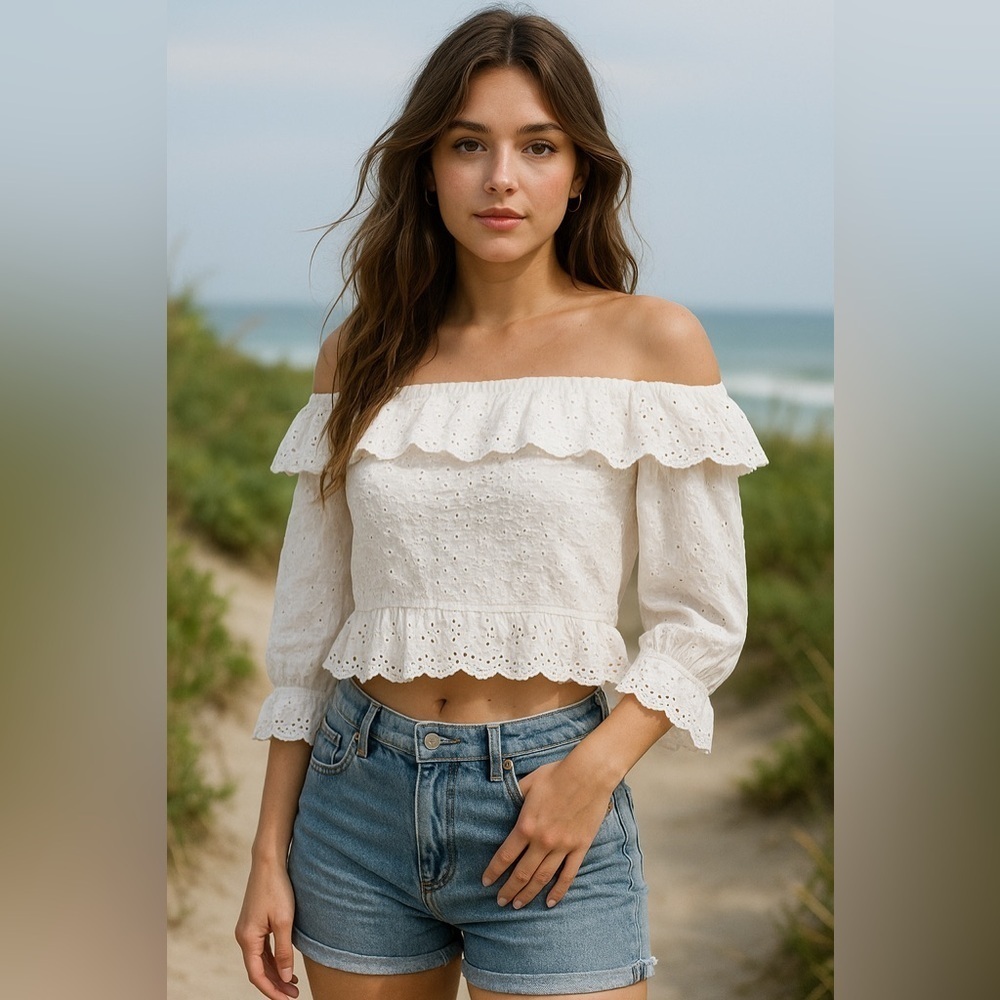 Zara Eyelet Sheer Ivory Crop Top Blouse Boho Peasent Hippie Coastal Cowgirl S